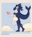 absurd_res anthro aquatic balls big_balls big_penis bodily_fluids colored condom cum dripping ejaculation excessive_cum excessive_genital_fluids filled_condom fish foreskin genital_fluids genitals hi_res holding_condom holding_object huge_balls huge_condom hyper hyper_balls hyper_genitalia looking_at_genitalia looking_at_penis male penis ring sexual_barrier_device shark shark_tail sketch solo zomx