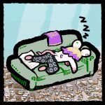 1:1 ambiguous_gender anthro blonde_hair ear_piercing ear_scar ear_tag facedown feet furniture green_sofa hair hi_res mammal mrbalderus murid murine no_shirt pajama_pants piercing pillow pink_feet pink_hands purple_hair_tips rodent scar sleeping sleeping_on_sofa sofa solo sound_effects vowelless vowelless_sound_effect white_body zoe_umeko_(mrbalderus) zzz