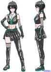  1girl abs artist_name asymmetrical_clothes asymmetrical_legwear bare_shoulders belt black_gauntlets black_gloves black_hair black_panties black_pants black_serafuku black_shirt black_shorts black_skirt black_sleeves black_socks breasts check_commentary closed_mouth collarbone commentary_request crop_top detached_sleeves facing_to_the_side facing_viewer fingerless_gloves fishnet_sleeves fishnet_thighhighs fishnets full_body gloves gradient_hair green_belt green_eyes green_hair green_hair_ornament green_sandals hand_on_own_hip highleg highleg_panties i_macoto kneehighs kunoichi_(game) long_hair medium_breasts midriff miniskirt multicolored_hair multiple_views navel ninja panties pants pleated_skirt sailor_collar sandals school_uniform serafuku shin_guards shinobi_(series) shirt shorts simple_background single_kneehigh single_pantsleg single_sock single_thighhigh skirt skort socks tabi thighhighs two-tone_hair unconventional_school_uniform underwear variant_set white_background white_sailor_collar wolf_cut zettai_ryouiki 