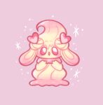 2021 3_fingers alcremie ambiguous_gender blush blush_lines cream_(food) digital_media_(artwork) fingers food food_creature generation_8_pokemon heart_symbol legless love_sweet_alcremie nintendo not_furry open_mouth pink_background pokemon pokemon_(species) red_sclera ruby_swirl_alcremie simple_background solo sparkles typhwosion yellow_body