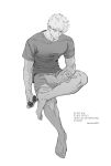  1boy bakugou_katsuki barefoot boku_no_hero_academia book closed_mouth figure_four_sitting full_body greyscale grip_trainer highres holding holding_book invisible_chair male_focus monochrome open_book pasinee1855 reading red_eyes shirt short_hair shorts simple_background sitting solo spiked_hair spot_color t-shirt toes toned toned_male twitter_username veins veiny_arms watermark white_background 