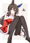 1girl absurdres admire_vega_(umamusume) animal_ears bare_shoulders black_pantyhose blush breasts brown_hair commentary_request dress ear_covers fur-trimmed_dress fur_trim hair_between_eyes highres horse_ears horse_girl horse_tail long_hair long_sleeves looking_at_viewer motti_(motthi0711) off-shoulder_dress off_shoulder pantyhose ponytail purple_eyes red_dress santa_costume santa_dress single_ear_cover solo squiggle tail umamusume 