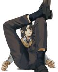  1boy black_hair black_necktie black_socks brown_pants brown_shoes butt_plug_under_clothes closed_mouth collared_shirt cross cross_necklace degrees_of_lewdity figure_four_sitting fingernails full_body hair_between_eyes hajukashii highres jewelry knee_up leaning_forward long_hair long_sleeves male_focus necklace necktie nostrils pants parted_bangs shirt shoes sidelocks simple_background sitting socks solo sweater_vest sydney_(degrees_of_lewdity) sydney_(male)_(degrees_of_lewdity) v-neck white_background white_shirt yellow_eyes yellow_sweater_vest 