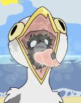 absurd_res anthro aquatic avian beach beak bird black_clothing black_hair black_shirt black_topwear blue_eyes blush bodily_fluids breath clothing crying ester_(estermaelstrom) estermaelstrom feathers fish grey_body gull hair hi_res holding_tongue lari larid male mouth_shot open_beak open_mouth oral_vore reptile requiem_shark saliva scalie scared sea shark shirt swallowing tears tiger_shark tongue topwear unwilling_prey vore water white_body white_feathers yellow_eyes