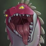 1:1 absurd_res bodily_fluids conrad_(drag'n_wash) dark drag'n_wash dragon feral gator_dragon_games glowing glowing_eyes hi_res judasyfox looking_at_viewer male mouth_shot multicolored_body mythological_creature mythological_scalie mythology open_mouth red_body saliva saliva_string scalie solo teeth throat tongue tongue_out yellow_eyes