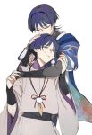  2boys armor behind_another black_bodysuit black_bow black_hair black_sash blue_cape blue_sleeves blunt_ends bodysuit bow bridal_gauntlets cape choppy_bangs closed_eyes clothing_cutout comforting commentary_request crying dual_persona eyelashes eyeliner facing_another facing_up feathers genshin_impact gold_trim grey_bridal_gauntlets hair_intakes hand_on_another's_arm hand_on_another's_hand headpat highres hug hug_from_behind japanese_armor japanese_clothes kariginu kimono kote kurokote layered_sleeves makeup multicolored_hair multiple_boys parted_lips pom_pom_(clothes) purple_hair purple_kimono purple_sleeves red_eyeliner retujyo4go sash scaramouche_(genshin_impact) scaramouche_(kabukimono)_(genshin_impact) short_sleeves shoulder_cutout side_cape sketch streaked_hair string tears wanderer_(genshin_impact) white_background white_kimono white_sleeves wide_sleeves wolf_cut yellow_feathers 