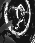  absurdres armor commentary_request crescent debris digimon digimon_(creature) digimon_beatbreak energy floating full_armor green_eyes highres hole_in_chest hole_on_body korean_commentary legs_apart monochrome outstretched_arms powering_up short_hair shoulder_armor signature solo spot_color spread_arms swetrain4 volvemon white_armor 