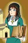  1girl black_veil blue_eyes book braid braided_ponytail christ-chan christianity church collar cross cross_necklace drawfag dress green_dress hair_ornament hairclip holding holding_book jewelry long_dress looking_ahead looking_up mantilla necklace non-web_source original solo thomas_aquinas veil white_collar white_sleeves 