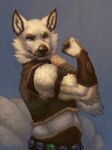 2026 absurd_res anthro armband armor belt blue_eyes bracers canid canine claws clothed clothing digital_media_(artwork) female finger_claws flexing flexing_bicep fox fur half-length_portrait hanmonster hi_res inner_ear_fluff looking_at_viewer mammal midriff multi_tail portrait signature snaggle_tooth solo tail tuft white_body white_fur