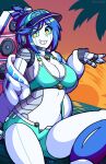 2026 5_fingers android animal_humanoid artist_name big_breasts big_eyes blue_bottomwear blue_bra blue_clothing blue_hair blue_shorts blue_underwear bottomwear bra breasts cleavage clothed clothing detailed_background digital_drawing_(artwork) digital_media_(artwork) exposed_shoulder eye_through_hair eyebrow_through_hair eyebrows female fingers hair hi_res high_ponytail humanoid humanoid_hands jacket lagomorph lagomorph_humanoid leporid_humanoid looking_at_viewer machine mammal mammal_humanoid medium_hair midi_(monolithtk) monolith_tk palm_tree plant ponytail rabbit_humanoid robot robot_joints sea shaded shorts skimpy smile solo speaker sunset teeth text topwear translucent translucent_hair tree underwear visor water white_body white_clothing white_jacket white_topwear yellow_eyes
