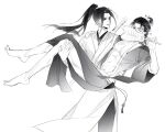  2boys abs all_wishes_come_true! bare_pectorals barefoot carrying chinese_clothes chinese_commentary commentary_request covered_mouth covering_own_mouth greyscale hair_bun hair_ornament half_updo hand_fan hanfu highres holding holding_fan leaf_fan leaf_hair_ornament long_hair looking_at_another lu_dongbin_(all_wishes_come_true!) male_focus monochrome multiple_boys navel nipples open_clothes open_robe palm_leaf_fan pants parted_lips pectorals ponytail princess_carry robe sandongnuan549 sash sidelocks simple_background single_hair_bun smile standing star_(symbol) sword sword_on_back tassel toned toned_male weapon weapon_on_back white_background yaoi yaopei zhongli_quan_(all_wishes_come_true!) 
