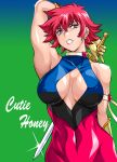  1girl absurdres armlet arms_behind_back arms_behind_head arms_up bare_shoulders bodysuit breasts brooch choker cleavage_cutout clothing_cutout collarbone commentary copyright_name covered_navel covered_nipples cutie_honey cutie_honey_(character) earrings english_text eyelashes gloves gradient_background hair_between_eyes heart heart_brooch heart_choker highres holding holding_sword holding_weapon jewelry kisaragi_honey large_breasts leotard looking_at_viewer manabe_jouji midriff multicolored_bodysuit muscular muscular_female navel pearl_earrings pink_hair purple_eyes red_hair ribbon serious shining short_hair sideboob sideboob_cutout skin_tight sleeveless smile solo solo_focus sword teeth weapon white_choker wide_hips yellow_gloves 