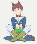  1boy absurdres amuro_ray animal_ears blue_eyes blue_jacket boots brown_hair collared_jacket commentary_request crossed_ankles dog_ears earth_federation green_boots gundam haro highres jacket knee_boots male_focus military_rank_insignia military_uniform mobile_suit_gundam oh_syz pants robot science_fiction white_pants 