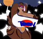 anthro ball basketball_(ball) basketball_uniform big_breasts bimbo_(fashion) blue_eyes breasts brown_body clothing cocoa_lola female huge_breasts lagomorph leporid lola_bunny looney_tunes mammal rabbit riku9797 shirt solo sportswear thick_thighs thong topwear underwear uniform warner_brothers