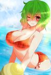  arched_back ball bikini blush breasts cleavage green_hair highres kazami_yuuka large_breasts leaning_forward one_eye_closed plaid plaid_bikini red_eyes ripples roki_(hirokix) short_hair smile solo swimsuit touhou unmoving_pattern water 