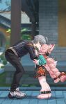  1boy 1girl absurdres ahoge animal_ear_fluff animal_ear_piercing animal_ears animal_feet anklet black_pants blue_jacket blurry blurry_background braid braided_twintails branch closed_eyes from_above full_body furry furry_female furry_with_non-furry green_shirt grey_hair hand_on_another's_arm height_difference highres interspecies jacket jewelry kiss leaning_forward long_hair looking_at_another luizhtx outdoors pants pink_fur pink_hair rabbit_ears rabbit_girl rabbit_tail shadow shirt shoes short_hair shortstack tail tree twitter_username white_shoes wise_(zenless_zone_zero) zenless_zone_zero zhao_(zenless_zone_zero) 