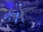 2026 4:3 ambiguous_gender black_and_blue blue_body blue_scales claws cloud digitigrade dragon european_mythology feral fin finger_claws frill_(anatomy) hi_res horn jellybeansontoast long_neck markings membrane_(anatomy) membranous_frill membranous_wings monochrome mythological_creature mythological_scalie mythology quadruped raining scales scalie seawing_(wof) sky smile snout solo spread_legs spreading storm toe_claws tsunami_(wof) water western_dragon wings wings_of_fire