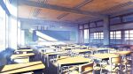  chair chalkboard classroom commentary_request copyright_notice day desk fluorescent_lamp indoors no_humans original scenery school school_desk waisshu_(sougyokyuu) window 