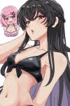  2girls :o amaori_renako bare_shoulders bikini black_bikini black_hair braid breasts commentary_request cropped_torso crossed_bangs double-parted_bangs frilled_bikini frills front-tie_bikini_top front-tie_top hair_between_eyes hair_ornament hairclip hand_up highres kei98347000 koto_satsuki large_breasts light_blush long_hair looking_at_viewer medium_breasts multiple_girls navel open_mouth parallel_hairclips parted_lips pink_bikini pink_hair purple_eyes red_eyes short_hair simple_background smile solo_focus stomach swimsuit upper_body watashi_ga_koibito_ni_nareru_wake_naijan_murimuri! white_background x_hair_ornament 