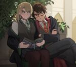  1boy 1girl ? black_pantyhose black_skirt blonde_hair blush book breasts brown_hair closed_eyes commentary crossed_arms crossed_legs diagonal-striped_clothes diagonal-striped_necktie earrings genderswap genderswap_(mtf) glasses harry_potter harry_potter_(series) highres holding holding_book jewelry jourd4n long_hair malfoid necktie off_shoulder open_mouth pantyhose pleated_skirt robe scar scar_on_face scar_on_forehead sitting skirt striped_clothes striped_necktie sweatdrop untranslatable_commentary vest wizarding_world 