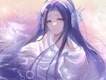  1other androgynous arionus_(shining_nikki) blue_eyes blue_hair brooch bubble capelet chinese_commentary circlet closed_mouth cloud collarbone commentary_request dot_nose eyelashes eyes_visible_through_hair fins forehead happy head_fins highres jewelry lanshang91621 light_smile long_hair long_sidelocks nikki_(series) ocean orange_sky other_focus outdoors partially_submerged robe seashell shell shell_brooch shining_nikki sidelocks sky solo sunset upper_body very_long_hair white_capelet white_robe 