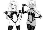  2girls absurdres bondage_outfit boots breasts chloe_von_einzbern collar commentary commission dark-skinned_female dark_skin dominatrix elbow_gloves english_commentary eudetenis fate/kaleid_liner_prisma_illya fate_(series) femdom gloves greyscale highres holding holding_whip illyasviel_von_einzbern lace-up_boots licking_lips looking_at_viewer monochrome multiple_girls second-party_source side-by-side standing thigh_boots tongue tongue_out uneven_eyes whip 
