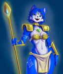 2026 anthro armor bandeau blue_body blue_eyes blue_fur blue_hair bottomwear breasts canid canine choker circlet clothing collarbone dreamguax5232 eyebrow_through_hair eyebrows eyelashes female fox fur hair hi_res jewelry krystal's_staff krystal_(star_fox) loincloth mammal markings navel necklace nintendo open_mouth open_smile shoulder_guards smile solo staff star_fox topwear translucent translucent_hair tribal tribal_markings vambrace white_body white_fur wide_hips