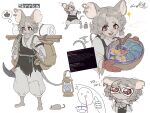  1girl :o absurdres animal_ears backpack bag baggy_pants bandaged_arm bandages barefoot bowl brown_eyes character_name curly_hair food full_body grin highres holding holding_bowl lantern minecraft monumenta mouse_(animal) mouse_ears mouse_girl mouse_tail multiple_views pants paper_box pickaxe rope screenshot_inset shirt short_hair skrrka_(monumenta) smile sparkle tail teeth tunic upper_teeth_only white_shirt 