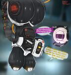 1_eye ambiguous_gender annoyed big_breasts big_butt black_body bodily_fluids breasts butt cross-popping_vein dialogue duo eyelashes female front_view glados hi_res huge_breasts huge_butt humanoid machine pasties personality_core_(portal) pink_eyes portal_(series) robot robot_humanoid roofieredd speech_bubble sweat text upside_down valve wide_hips yellow_eyes