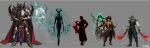  1girl 5boys arm_guards armor baggy_clothes black_gloves breastplate brown_vest burning cape character_name coin coin_flip curled_horns dual_wielding empty_eyes fire floating floating_object friendly_mutton_chops full_body ghost gloves godspore_cutting_(monumenta) gold_trim gun hand_on_own_hip hat helmet highres holding holding_gun holding_knife holding_sword holding_weapon horns knife monumenta multiple_boys orasomn_(monumenta) paper_box pelvic_curtain pirate_hat planted planted_sword popped_collar red_cape revolver scimitar scroll second-party_source shirt sigil skull_print standing sword uriddan_(monumenta) vaessini_(monumenta) varcosa_(monumenta) vest weapon white_shirt xeno_(monumenta) 