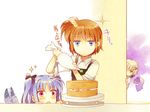  apron blue_hair brown_hair cake food lyrical_nanoha mahou_shoujo_lyrical_nanoha mahou_shoujo_lyrical_nanoha_a's mahou_shoujo_lyrical_nanoha_a's_portable:_the_battle_of_aces material-d material-l material-s multiple_girls short_hair sleeves_rolled_up tail takana twintails 