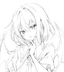  1girl :d ascot bat_wings bow commentary_request finger_to_own_chin frilled_shirt_collar frills greyscale hair_between_eyes highres hyurasan looking_at_viewer monochrome remilia_scarlet short_hair simple_background smile solo touhou upper_body white_background wings 