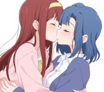  2girls blue_hair blush cape cardigan closed_eyes collared_shirt commentary_request couple from_side hairband idolmaster idolmaster_million_live! kiss long_hair long_sleeves medium_hair multiple_girls nanao_yuriko open_cardigan open_clothes pink_cardigan profile purple_cape red_hair ryuzevcpayoru shirt simple_background straight_hair tanaka_kotoha upper_body white_background white_shirt yellow_hairband yuri 