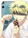  bandana blonde_hair card card_(medium) grin male_focus school_uniform smile solo sunglasses to_aru_majutsu_no_index tsuchimikado_motoharu zoff_(daria) 