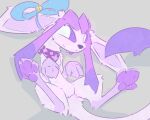 5:4 absurd_res bandanna_scarf blush blush_lines bow_ribbon eeveelution feral generation_4_pokemon glaceon hi_res looking_at_viewer lying nintendo on_back pawpads paws pokemon pokemon_(species) soft_bugg tongue tongue_out