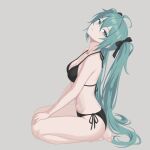  1girl barefoot bikini black_bikini breasts cleavage commentary dawn_scent feet green_eyes green_hair grey_background halterneck hatsune_miku head_tilt highres looking_at_viewer medium_breasts seiza side-tie_bikini_bottom simple_background sitting solo string_bikini swimsuit triangle_bikini_top twintails vocaloid 