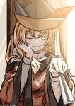  1girl absurdres artist_name black_hat blonde_hair blurry commentary_request dated depth_of_field detached_sleeves grin hat highres long_hair long_sleeves looking_at_viewer matara_okina one-hour_drawing_challenge one_eye_closed orange_sleeves orange_tabard smile solo tabard touhou upper_body ve1024 wide_sleeves yellow_eyes 