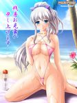  bad_feet beach bikini blue_eyes breasts covered_nipples day error flower hibiscus jewelry kafu large_breasts legs long_hair long_legs mabinogi micro_bikini nao_(mabinogi) navel necklace ponytail silver_hair slingshot_swimsuit solo swimsuit thighs translated wet white_hair zanshomimai 