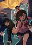  1boy 1girl alien ayase_momo backpack bag black_choker black_hair black_jacket black_pants blue_skirt bow bowtie brown_eyes brown_hair brown_shoes choker commentary_request crossed_bangs dandadan earrings foot_out_of_frame gekkoukan_high_school_uniform glasses gyaru hair_between_eyes highres holding_hands jacket jewelry kami_high_school_uniform knees long_sleeves miniskirt nandemo_unknown open_mouth pants pink_sweater pleated_skirt red_bow red_bowtie redrawn running school_uniform serpo_(dandadan) shoes short_hair skirt sweatdrop sweater takakura_ken_(dandadan) twitter_username white_shoes 