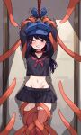  1girl arms_up bakasp-lilzy black_shirt black_skirt blue_gloves blue_hat blush bound bound_arms bound_wrists breasts cappie_(miside) choker clenched_hand commentary crop_top cuffs english_commentary feet_out_of_frame gloves hair_between_eyes hat highres indoors large_variant_set long_hair long_sleeves looking_at_viewer medium_breasts midriff miniskirt miside mita_(miside) motion_lines navel neckerchief newsboy_cap no_panties open_mouth pleated_skirt purple_eyes purple_hair red_choker red_neckerchief red_thighhighs restrained restraints rope shadow shirt sidelocks skirt smile solo standing stationary_restraints stomach teeth tentacles thighhighs thighs tickle_torture tickling tickling_legs trembling variant_set wrist_cuffs 