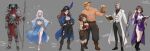  3boys 4girls ;) abs adjusting_eyewear armor aurora_lunacrestum bare_shoulders barefoot beer_mug bhairavi_(monumenta) black_boots black_shirt blue_cape book boots breastplate brown_hair cape character_name coat commentary constellation corset covered_face cup curled_horns detached_sleeves dress english_commentary eyewear_on_head floating_hair full_body goggles gold_trim grey_hair grin hand_on_another's_shoulder hands_on_own_hips hat hat_feather headband helmet highres holding holding_book holding_cup holding_polearm holding_staff holding_weapon horns indigo_(monumenta) izzy_(monumenta) levyn_(monumenta) monumenta mug multiple_boys multiple_girls muscular muscular_male one_eye_closed open_book outstretched_arms paper_box pectorals pelvic_curtain pirate_hat planted planted_polearm polearm purple_cape purple_skirt scabbard second-party_source sheath shirt shoulder_armor side_slit skirt smile staff topless_male tuulen_(monumenta) vargos_(monumenta) vest wavy_hair weapon white_coat white_dress white_hair white_shirt white_vest wide_sleeves 