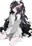  1girl black_eyes black_hair bow buttons cardigan chinese_commentary closed_mouth commentary_request commission dress frilled_dress frills full_body grey_bow hair_bow hair_ornament hairclip heart heart_hair_ornament highres long_hair long_sleeves looking_at_viewer off_shoulder original pink_bow polka_dot polka_dot_bow ribbon sample_watermark seiza signature simple_background sitting sleeveless sleeves_past_wrists socks solo swept_bangs two_side_up very_long_hair wariza watermark white_background white_bow white_dress white_socks yhmncycz 