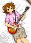  :o beamed_eighth_notes bed brown_eyes brown_hair casual clothes_writing diesel-turbo eighth_note guitar hirasawa_yui instrument k-on! lying musical_note panties quarter_note sheet_music short_hair solo striped striped_panties underwear 