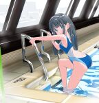  1girl black_hair blue_eyes blue_one-piece_swimsuit commentary_request competition_swimsuit dothiko from_side hairband long_hair looking_at_viewer one-piece_swimsuit original pool pool_ladder poolside purple_hairband solo swimsuit water wet window 