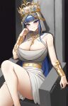  1girl absurdres armpit_crease belt blue_eyes blue_hair blunt_bangs blush breasts chain cleavage cleavage_cutout closed_mouth clothing_cutout commentary criss-cross_halter crown dress english_commentary fang feet_out_of_frame gold_belt gold_bracer gold_chain gold_crown halterneck head_rest head_tilt highres hololive hololive_english huge_breasts knee_up kuraodo_0 long_hair long_sidelocks looking_at_viewer official_alternate_costume original ouro_kronii ouro_kronii_(goddess) short_dress sidelocks sitting skin_fang smile solo twitter_username veil very_long_hair very_long_sidelocks virtual_youtuber white_dress white_veil 
