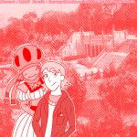 1:1 accessory antiquity aquatic bandai_namco blush blush_lines bridge cephalopod clock clothed clothing cnidarian colored detailed_background digimon digimon_(species) digimon_ghost_game elegant english_text female hair happy human humanoid jellyfish lacasadelosdibujosua looking_at_viewer male mammal medusozoan mollusk monochrome nature nature_background neck_tuft park plant pockets pocketwatch romantic romantic_couple shrub social_media stairs stairwell suit tentacles teslajellymon text tree tuft watch white_body zipatones