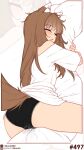  1girl absurdres animal_ear_fluff animal_ears ass black_panties blush brown_hair closed_eyes closed_mouth commentary english_commentary highres holo lace-trimmed_panties lace_trim likunea long_hair panties patreon_logo patreon_username pillow pillow_grab pussy_juice shirt sleeping spice_and_wolf tail twitter_username twitter_x_logo underwear white_shirt wolf_ears wolf_girl wolf_tail zoom_layer 