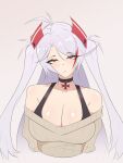  1girl antenna_hair azur_lane bare_shoulders bra_strap breasts choker cleavage closed_mouth commentary cross grey_hair headgear highres iron_blood_(emblem) iron_cross large_breasts long_hair looking_at_viewer multicolored_hair orange_eyes prinz_eugen_(azur_lane) qiqami red_streaks shiny_skin simple_background single_hair_streak solo streaked_hair twintails very_long_hair white_hair 