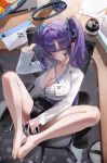  1girl absurdres barefoot between_legs black_skirt blue_archive breasts chair cleavage commentary cup desk disposable_coffee_cup disposable_cup feet folder full_body halo hand_between_own_legs highres holding holding_phone id_card knees_apart_feet_together large_breasts long_hair long_long_cai looking_at_viewer mechanical_halo miniskirt on_chair phone purple_eyes purple_hair shirt skirt solo swivel_chair thighs toes twintails very_long_hair white_shirt yuuka_(blue_archive) 