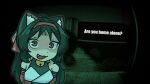  1girl animal_ear_fluff animal_ears bell black_hair cat_ears cat_girl facial_mark fang forehead_mark game_screenshot_background hairband highres long_hair looking_at_viewer neck_bell nekomiya_mana night_vision_effect no_i'm_not_a_human open_mouth red_eyes red_hairband rogue_dojeog screenshot_background shaded_face smile solo zenless_zone_zero 